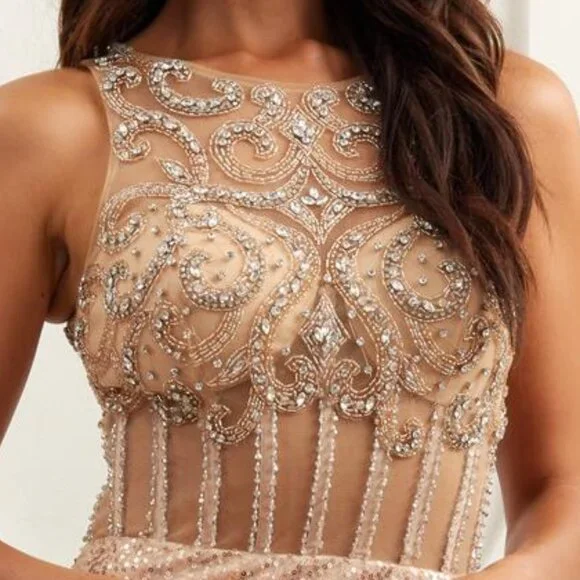 NEW FORMAL SLEEVELESS SHEATH BEADED DRESS W/ ILLUSION BOAT NECKLINE AC AG0111